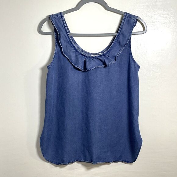 GAP Tops - Gap Women's Blue Demin Chambray Ruffle Blouse Sleeveless Top Tank Sz Small Boho